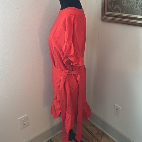 ASTR The Label Coral Red ruffle faux wrap around skirt ruffle sleeves dress Sz L - Picture 4 of 12